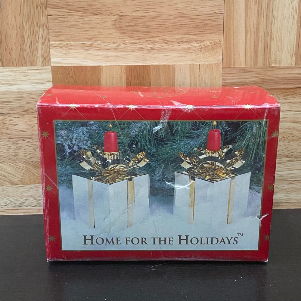 Home for the Holidays Gift Box Silver-plate and Brass Candle Holder Set NOS